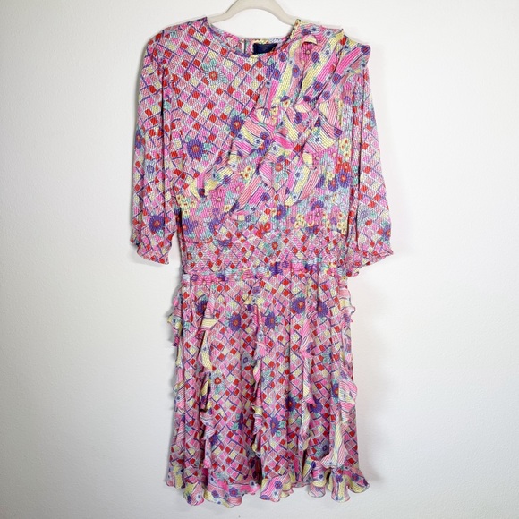 Vintage Mayeelok 80’s Ruffle Floral‎ Pink Long Sleeve Dress Small - Picture 1 of 8